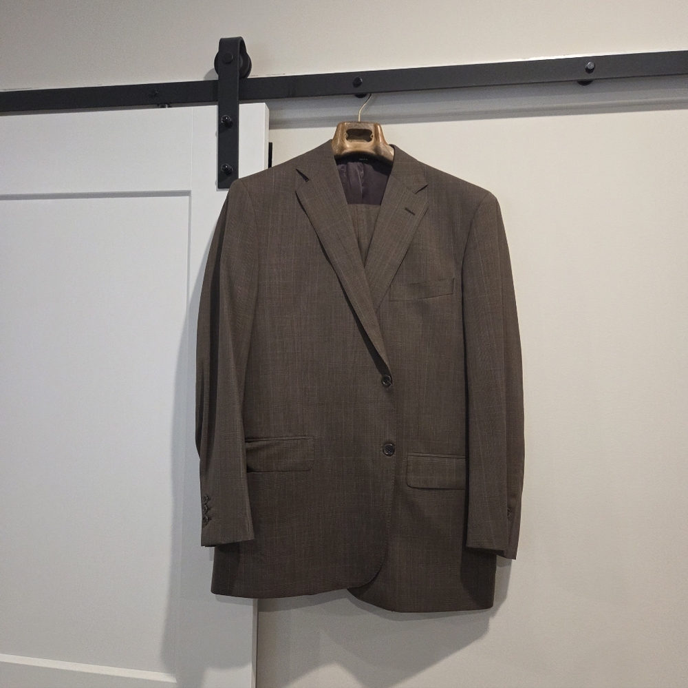 Southwick Satin Lined Brown Tone-on-Tone Plaid Window Pane Suit sz 44R / 38 pant